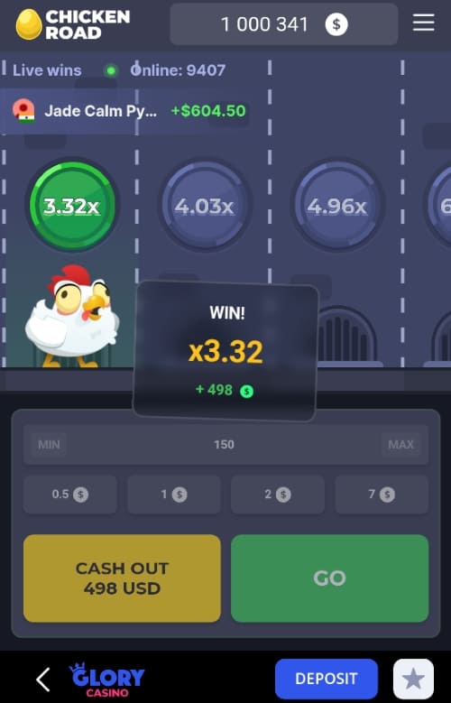 Chicken Road game screen with x3.32 win multiplier and cash out option at Glory Casino