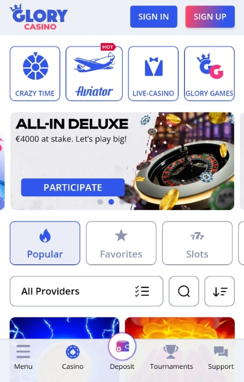 Mobile screen showing All-In Deluxe tournament card with €4000 prize and countdown timer