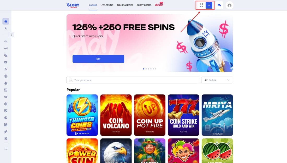 Glory Casino homepage showing 125% bonus banner, game list, and balance section at top
