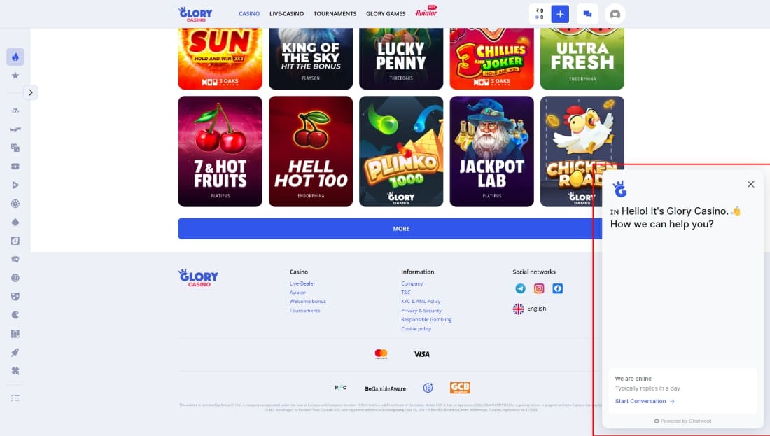 Glory Casino support chat widget opened on the screen with visible footer and game icons