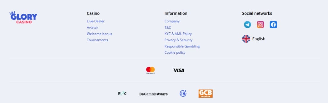Footer of Glory Casino website showing game links, policies, social icons, and payment logos