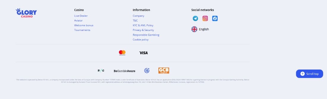 Glory Casino footer section with navigation links, payment icons, and social media buttons