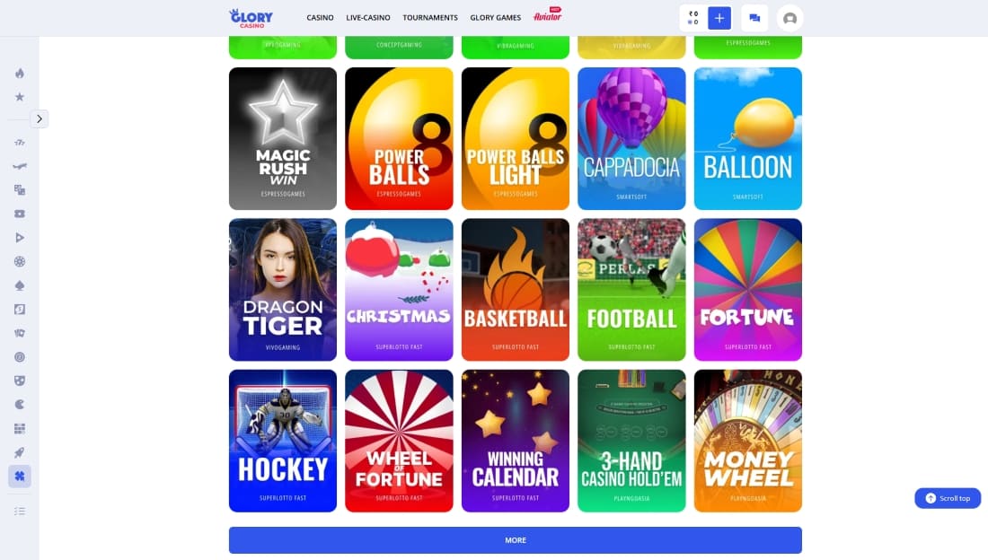Game selection menu at Glory Casino showing categories like football, basketball, and cards
