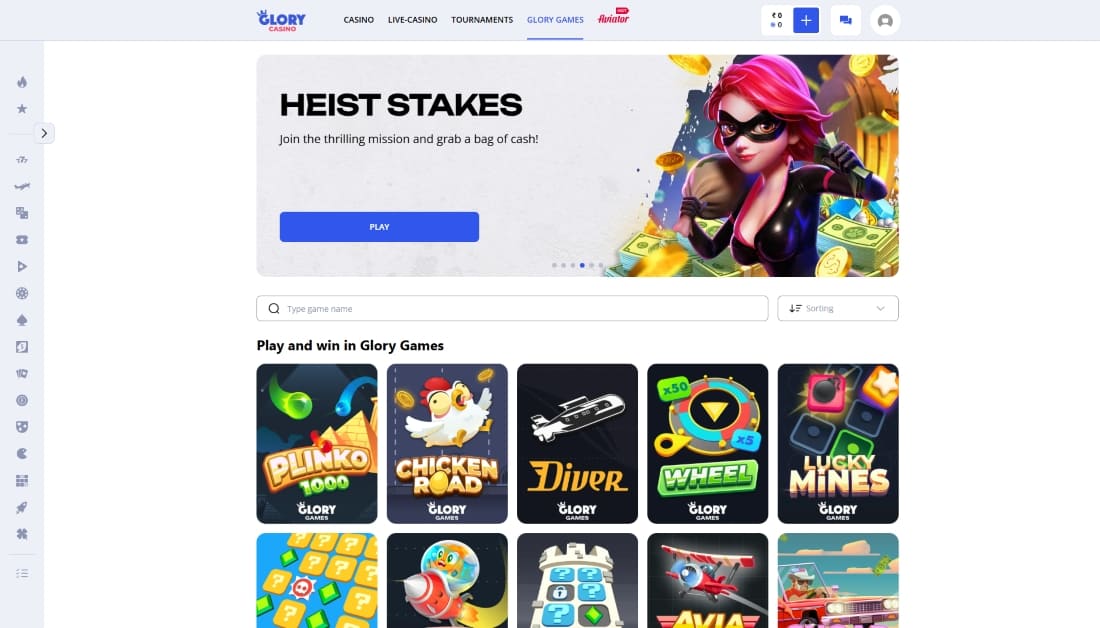 Heist Stakes banner at Glory Casino featuring a female character and cash-themed game tiles
