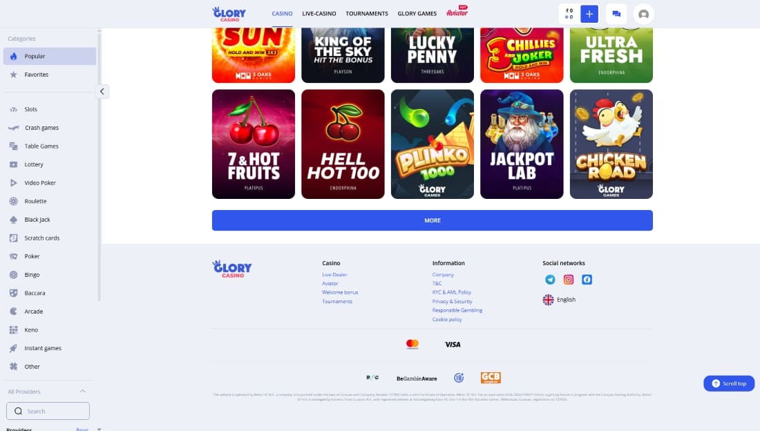 Game category menu at Glory Casino with various filters and a popular slot selection displayed