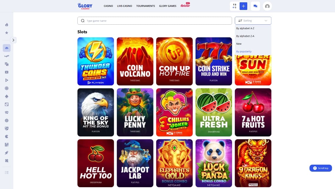 Slot game library at Glory Casino with filter menu and sorting options by name or popularity