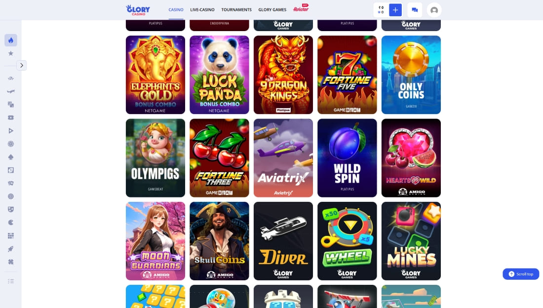 Additional slot selection at Glory Casino including Aviatrix, Wild Spin, and Skull Coins