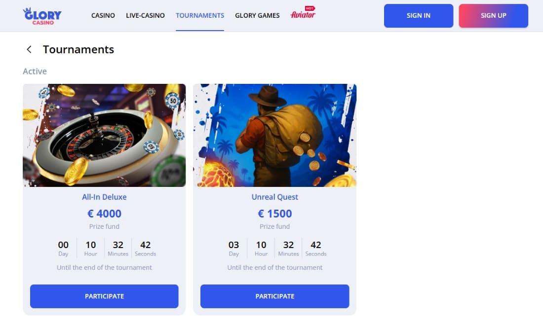 Active tournament cards at Glory Casino showing All-In Deluxe and Unreal Quest prize pools