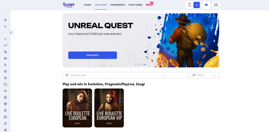 Banner for Unreal Quest tournament at Glory Casino with join now button and themed graphics